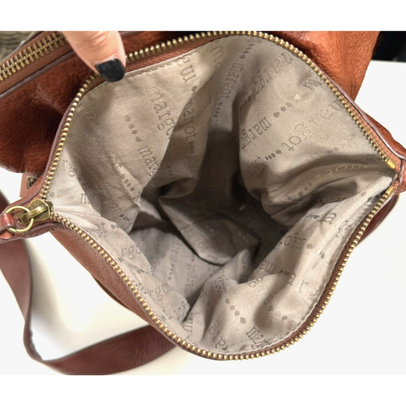 Margot New York Mickey Cognac Brown Leather Double Zip Crossbody Shoulder Bag - Picture 15 of 16